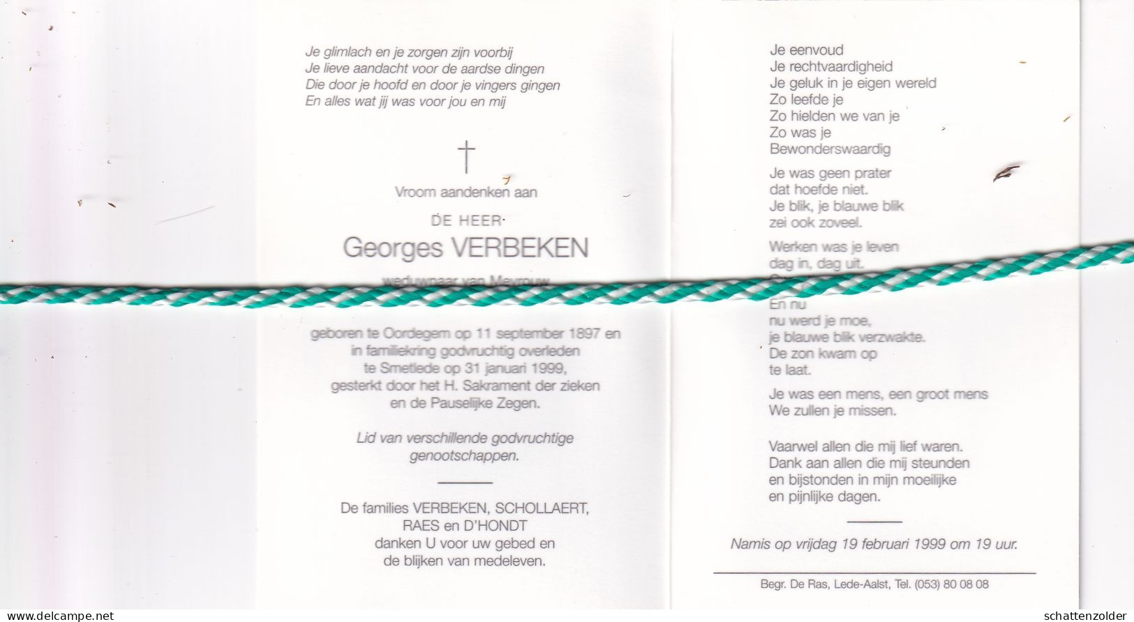 Georges Verbeken-Schollaert, Oordegem 1897, Smetlede 1999. Honderdjarige. Foto - Obituary Notices