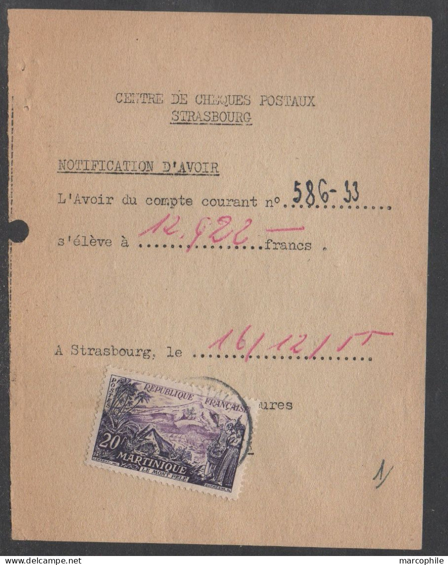 FRANCE - MARTINIQUE - STRASBOURG / 1955 # 1041 SEUL SUR NOTIFICATION A DATE PRECISE DES CCP / COTE 50.00 €  (ref 8312) - Storia Postale