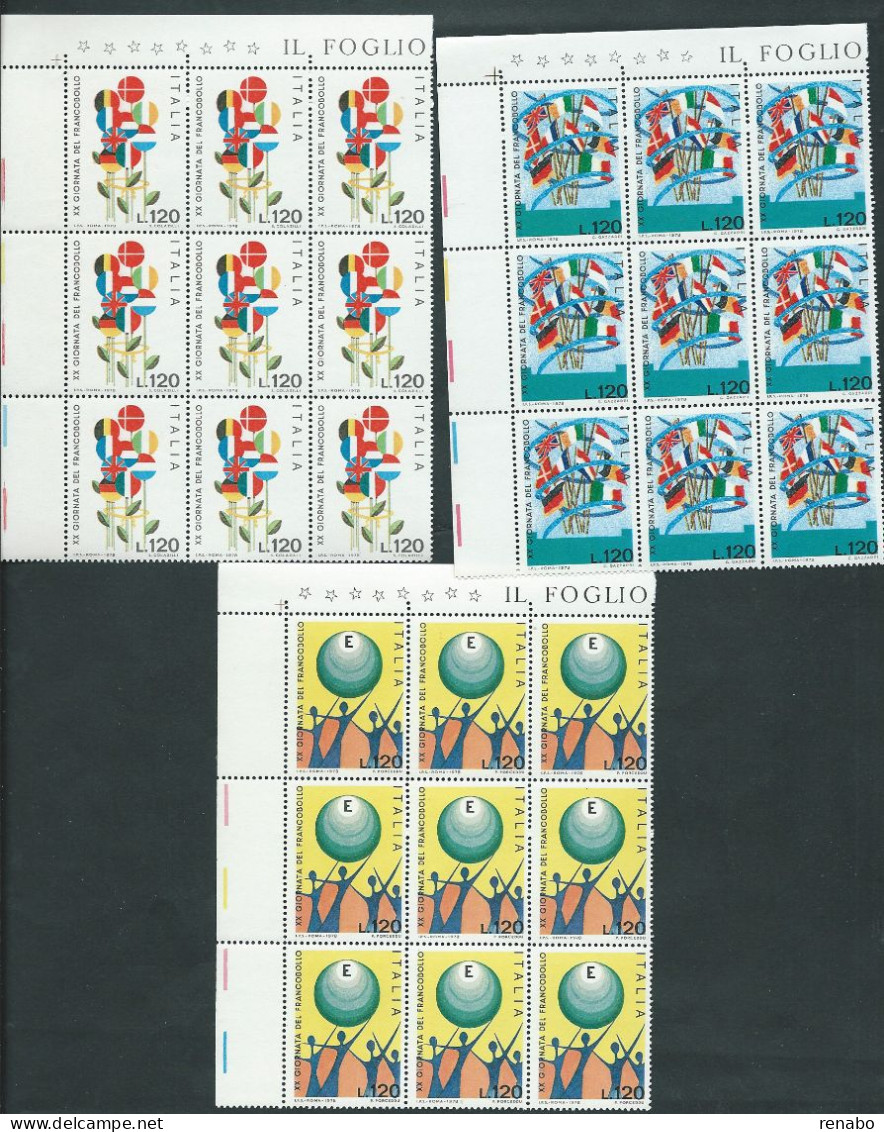 Italia 1978; Giornata Del Francobollo, Serie Completa. 3 Blocchi D' Angolo Per 9 Serie. - Blocks & Sheetlets