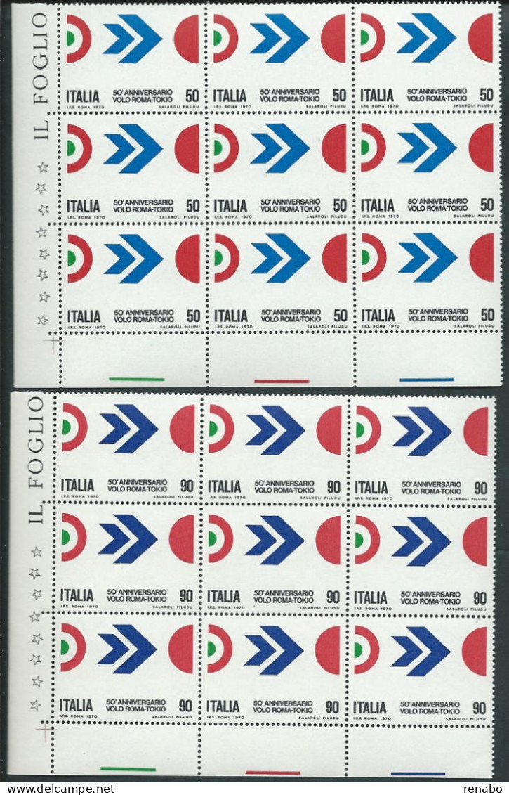 Italia 1970; Volo Roma-Tokio, 50° Anniversario, Serie Completa In Blocchi D' Angolo Di 9 Valori. - Hojas Bloque