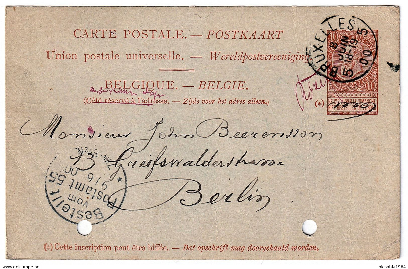 Vintage Postal Stationery 08/06/1900 Belgian Postcard / Belle-Époque Carte Postale Bruxelles 8 Juin 1900 Vers Berlin. - Cartes Postales 1871-1909