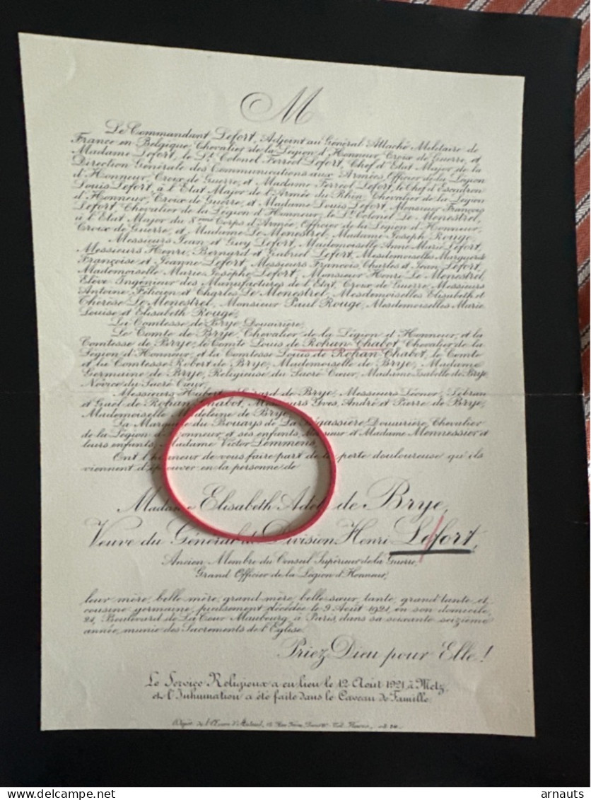 Madame Elisabeth De Brye Veuve Du General De Division Henry Lefort Conseil Superieur Guerre *1845+1921 Paris Metz Legion - Obituary Notices