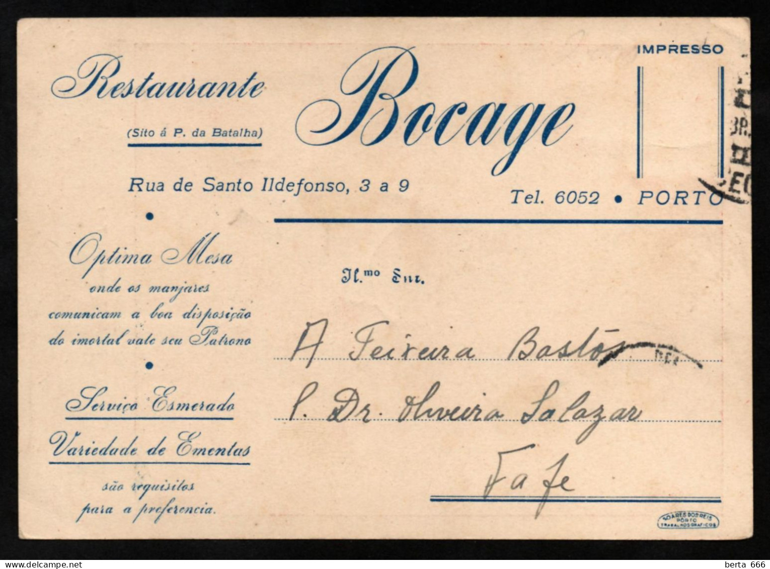 Postal Publicitário * Restaurante Bocage * Rua Santo Ildefonso * Porto * Circulado 1941 - Porto