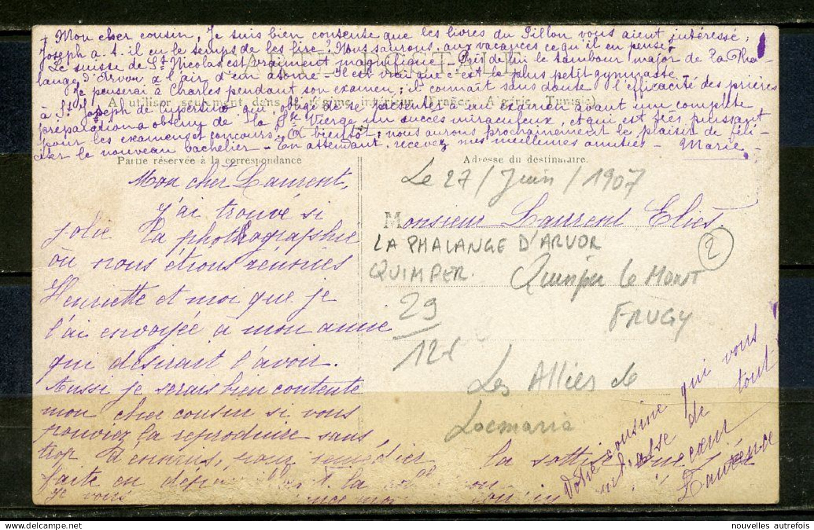 CARTE PHOTO - LA FETE DIEU A QUIMPER - LA PHALANGE D'ARVOR AU GARDE A VOUS - PLACE MONT FRUGY LE 27 JUIN 1907 - #2. - Quimper