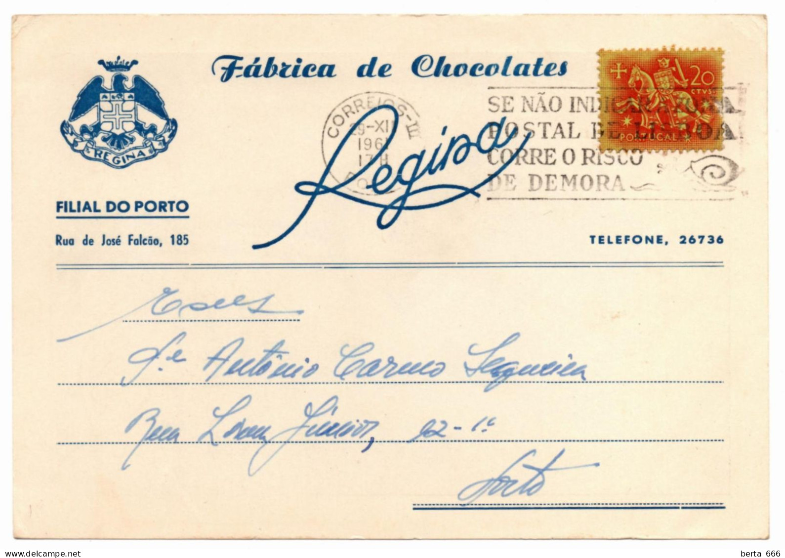 Postal Publicitário * Boas Festas * Chocolates Regina * Filial Do Porto * Circulado 1961 - Porto