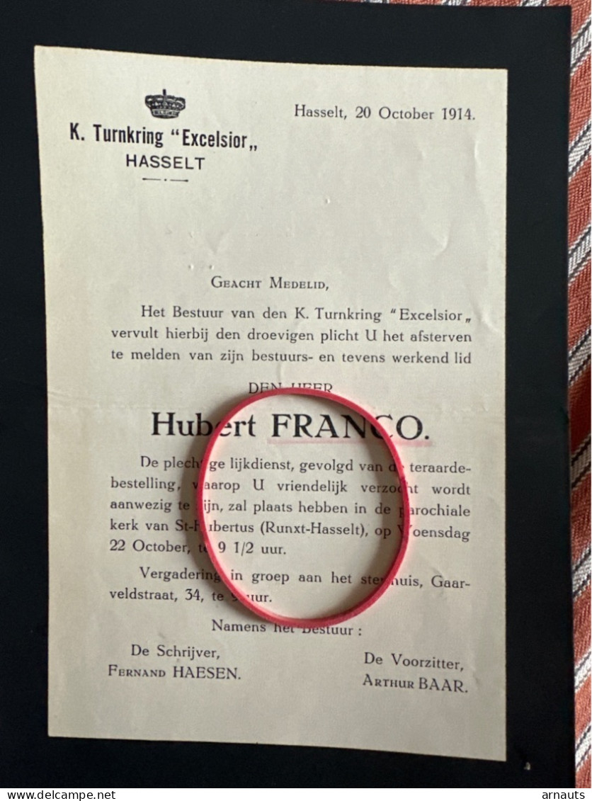 Turnkring Excelsior Hasselt 1914 Hubert Franco Runkst Voorzitter Baar - Esquela