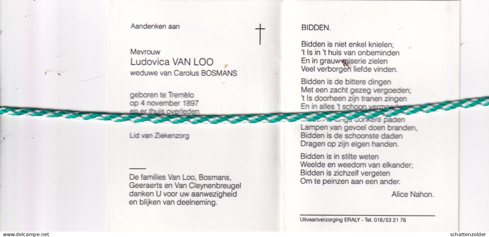 Ludovica Van Loo-Bosmans, Tremelo 1897, 1997. Honderdjarige. Foto - Overlijden