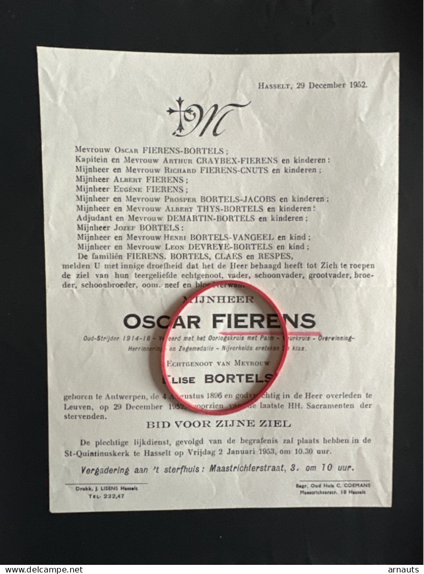 Oscar Fierens Echtg Bortels Elise *1896 Antwerpen +1952 Leuven Hasselt Oud-strijder 14-18 Craybex Cnuts Demartin Devreye - Obituary Notices