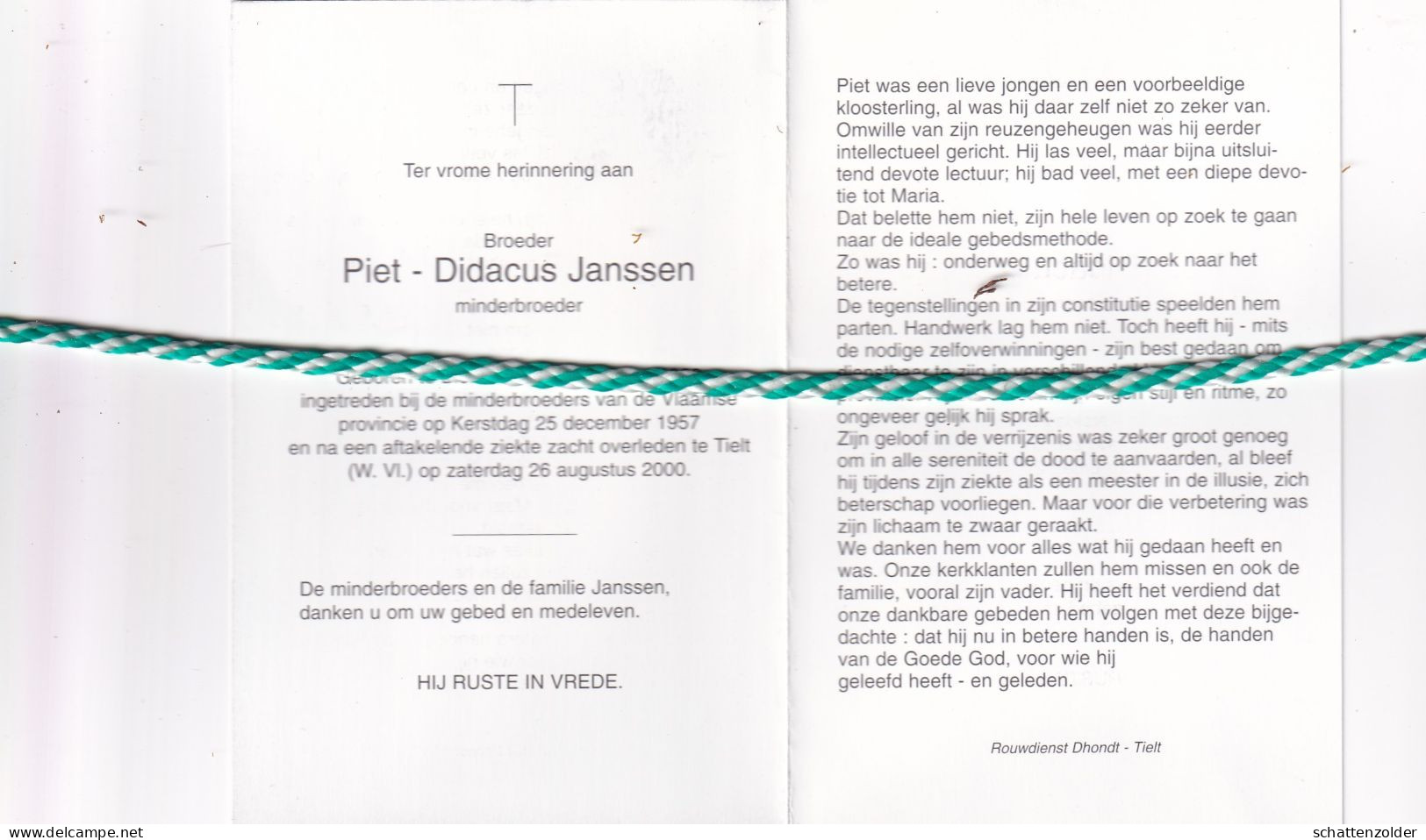 Broeder Piet - Didacus Janssen, Blerick (Nl) 1939, Tielt 2000. Foto - Décès