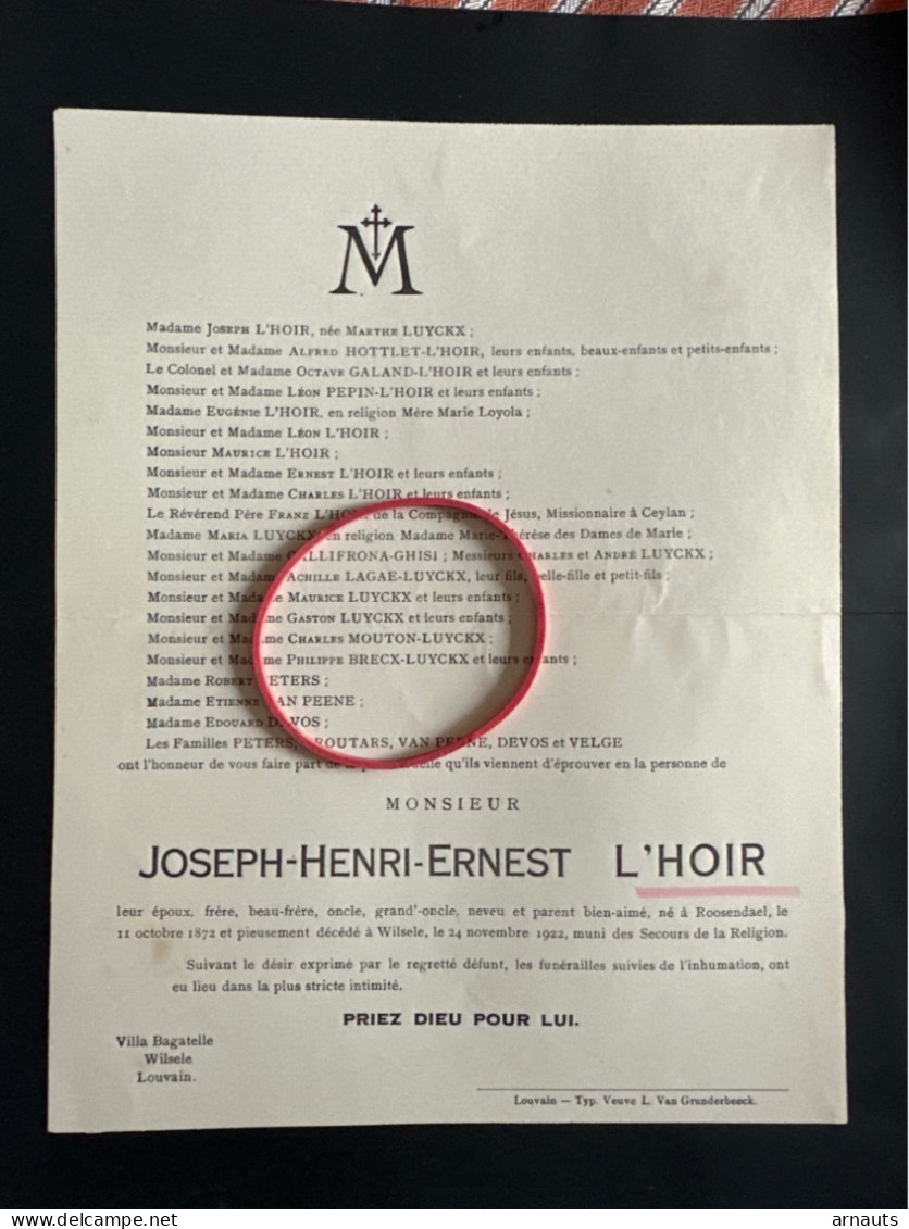 Mr Joseph L’Hoir *1872 Roosendaal +1922 Wilsele Villa Bagatelle Louvain Luyckx Galand Van Peene Velge Pepin - Obituary Notices