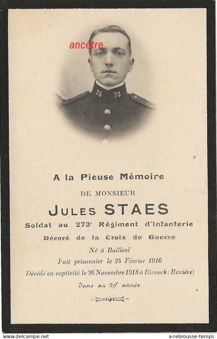 Guerre 1914-Faire-part De Décès 1916-dcd En Captivité à Rieneck-Jules STAES Soldat 273e R Né à Bailleul (59) - Todesanzeige