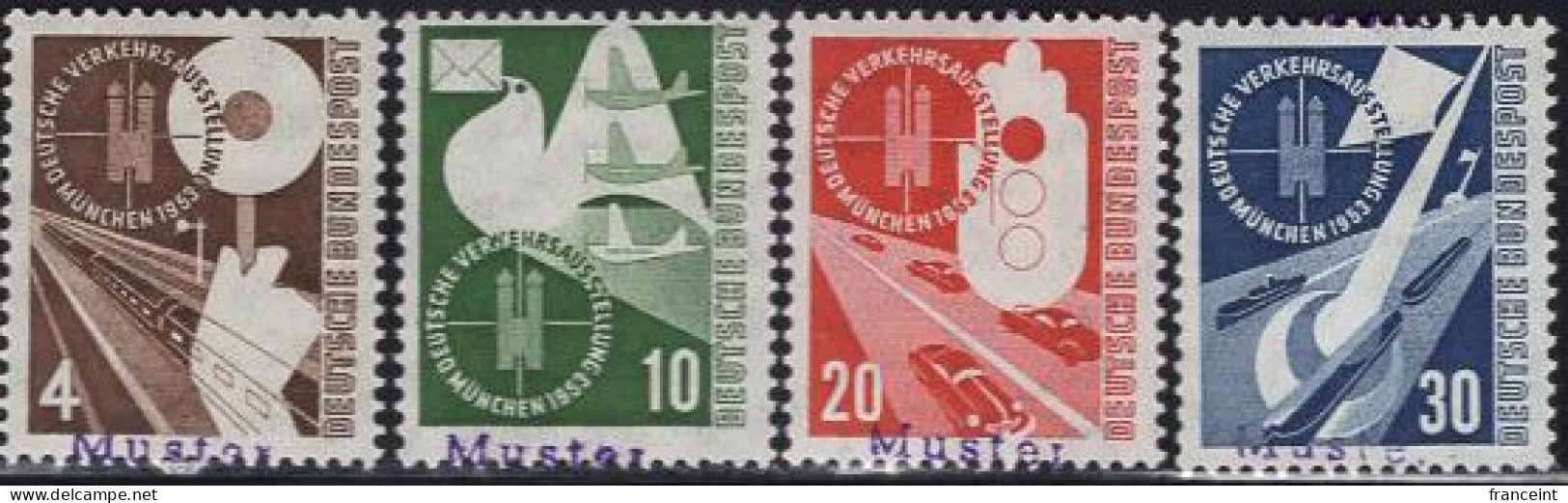 GERMANY(1953) Communication And Transport Exhibition. Set Of 4 With MUSTER (specimen) Overprint. Scott Nos 698-701. - Autres & Non Classés