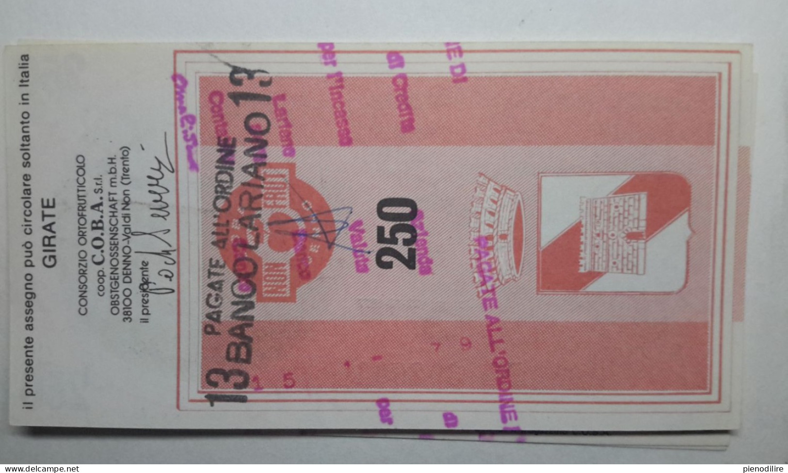 CASSA RURALE DI DENNO 250 LIRE 22.12.1977 C.O.B.A. SRL PAGATA (A.27) - [10] Cheques En Mini-cheques