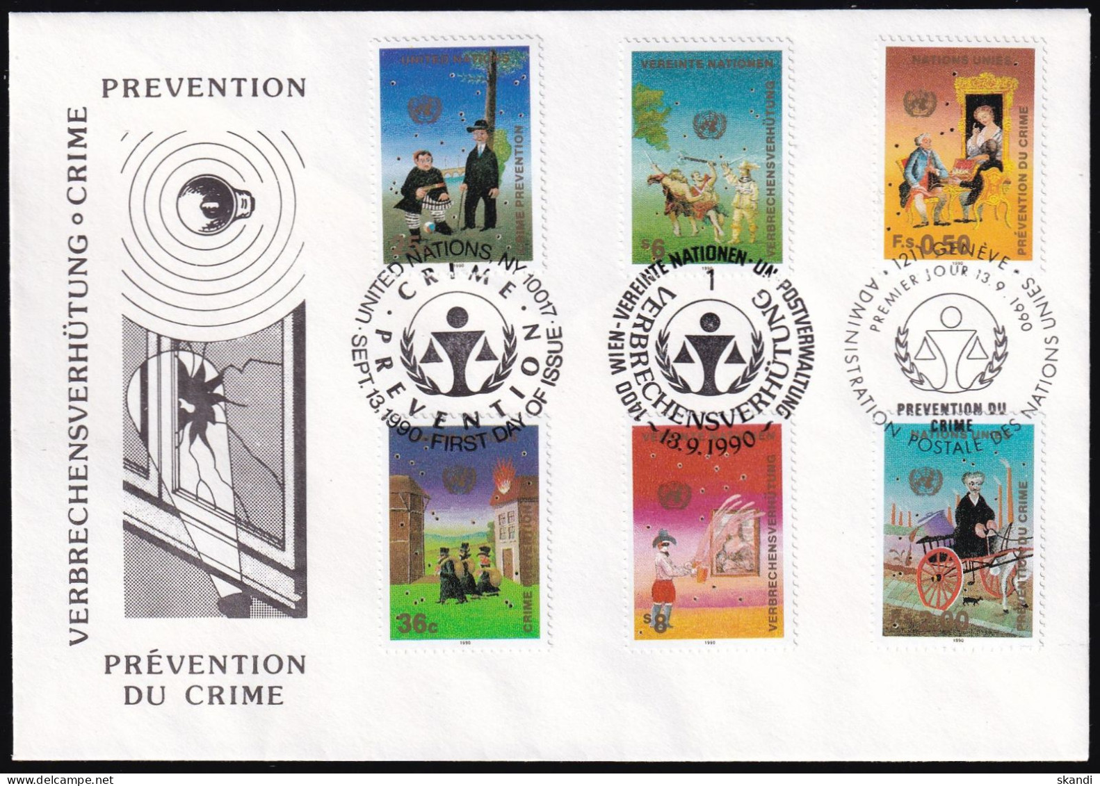 UNO NEW YORK - WIEN - GENF 1990 TRIO-FDC Verbrechensverhütung - New York/Geneva/Vienna Joint Issues