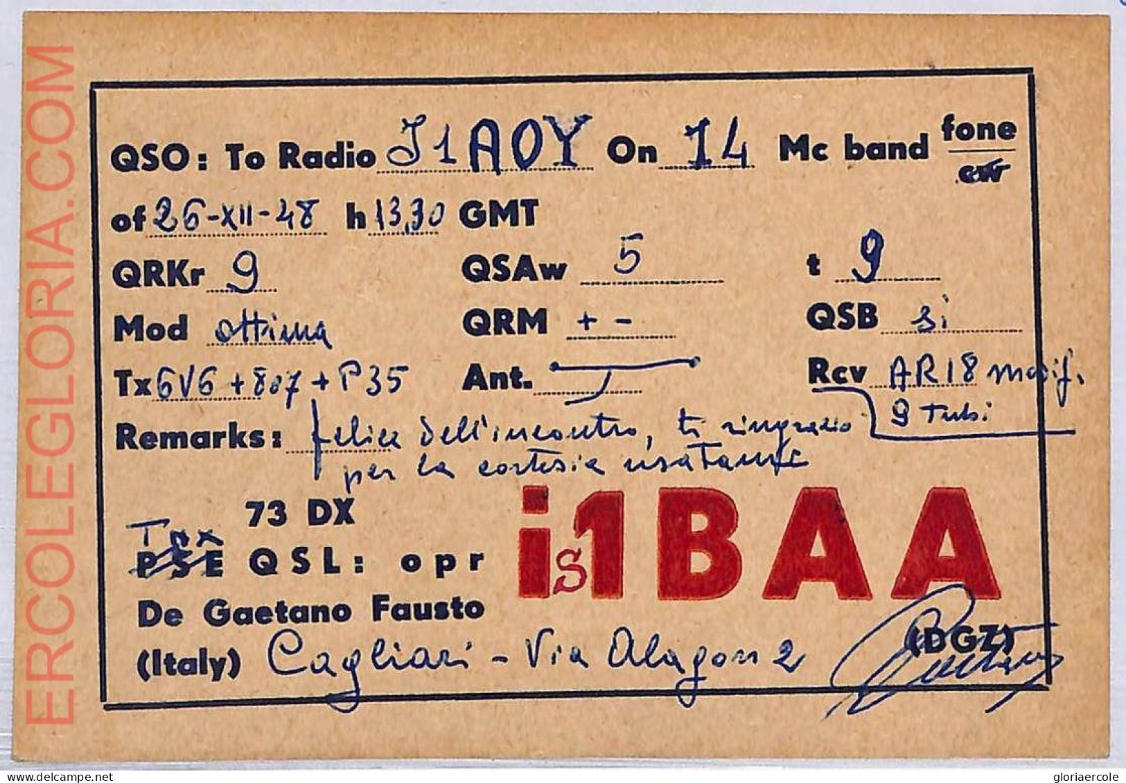 Ad9204 - ITALY - RADIO FREQUENCY CARD - 1948   Cagliari - Radio