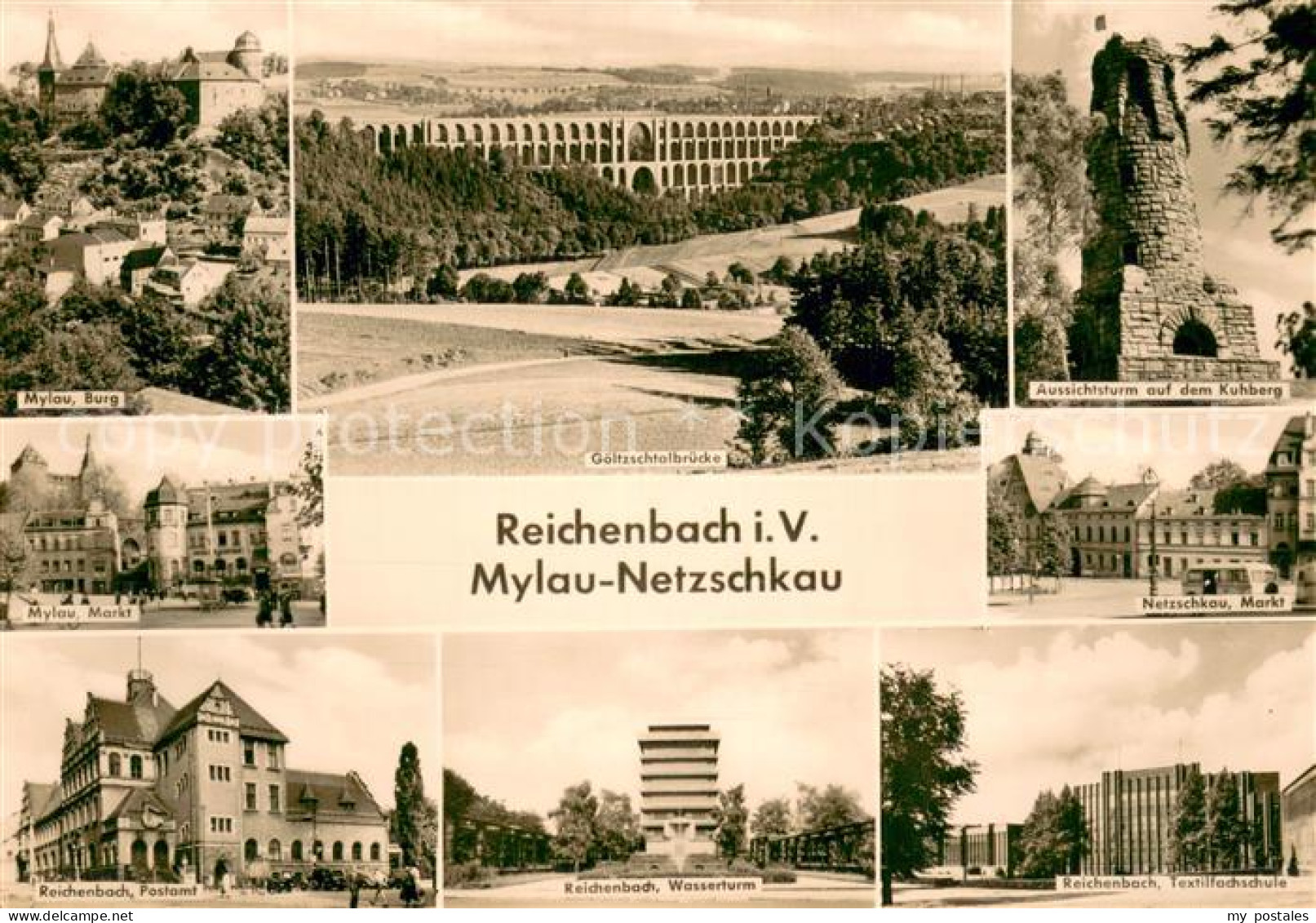 73750242 Mylau Burg Markt Reichenbach Postamt Goeltzschtalbruecke Wasserturm Tex - Mylau