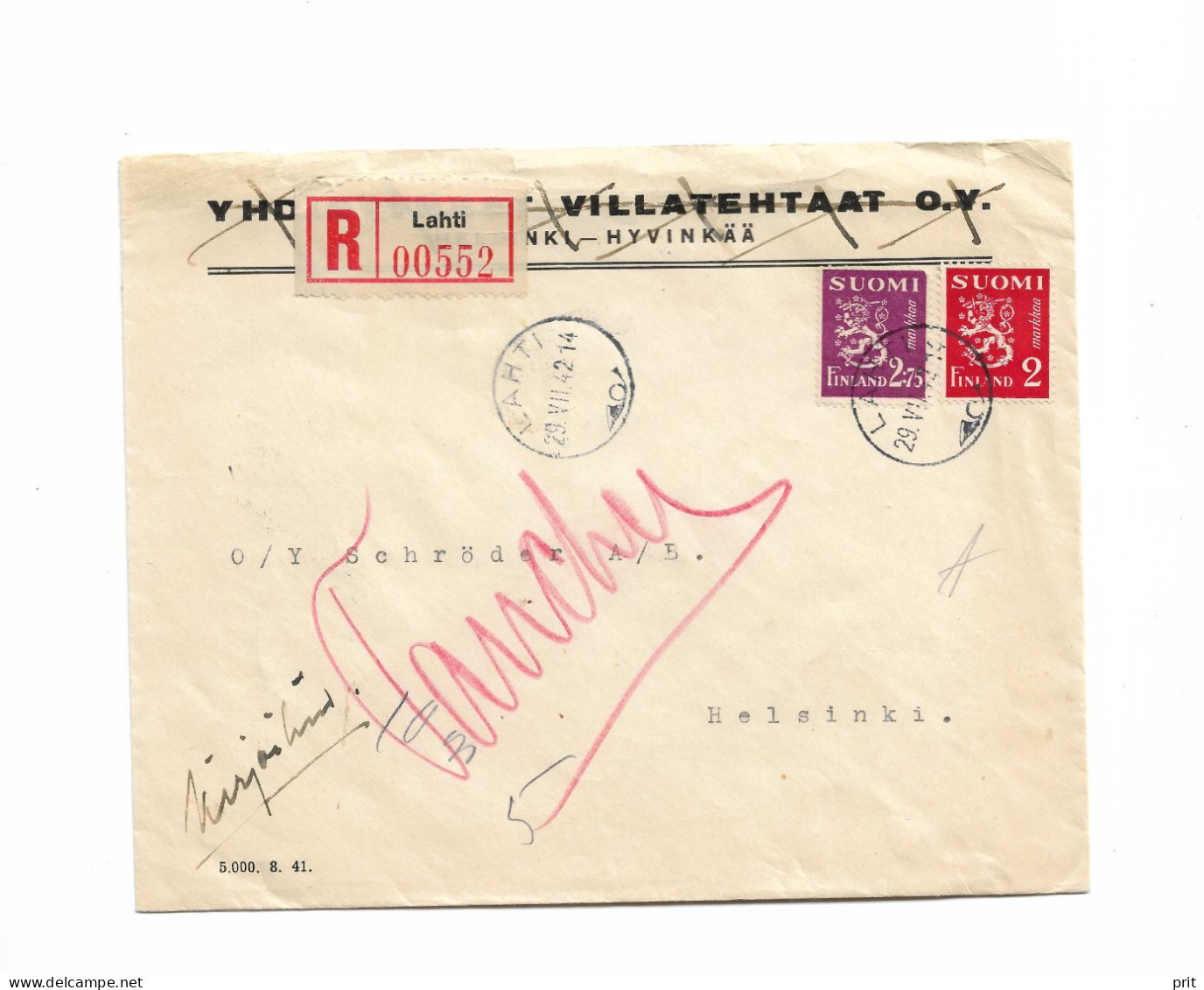 Registered Cover From Lahti To Helsinki Finland WWII 1942 OY Schröder Ab - Lettres & Documents