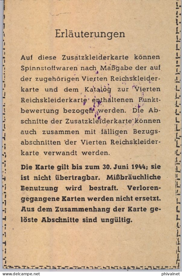 NEUBRANDENBURG  , DOCUMENTO DEL TERCER REICH / NAZI  , MATRIZ CARTILLA RACIONAMIENTO ROPA INFANTIL , NIÑOS , NIÑAS - 1939-45