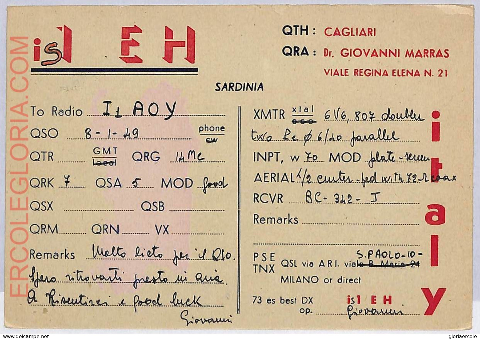 Ad9207 - ITALY - RADIO FREQUENCY CARD - Sardinia - 1949 Cagliari - Radio