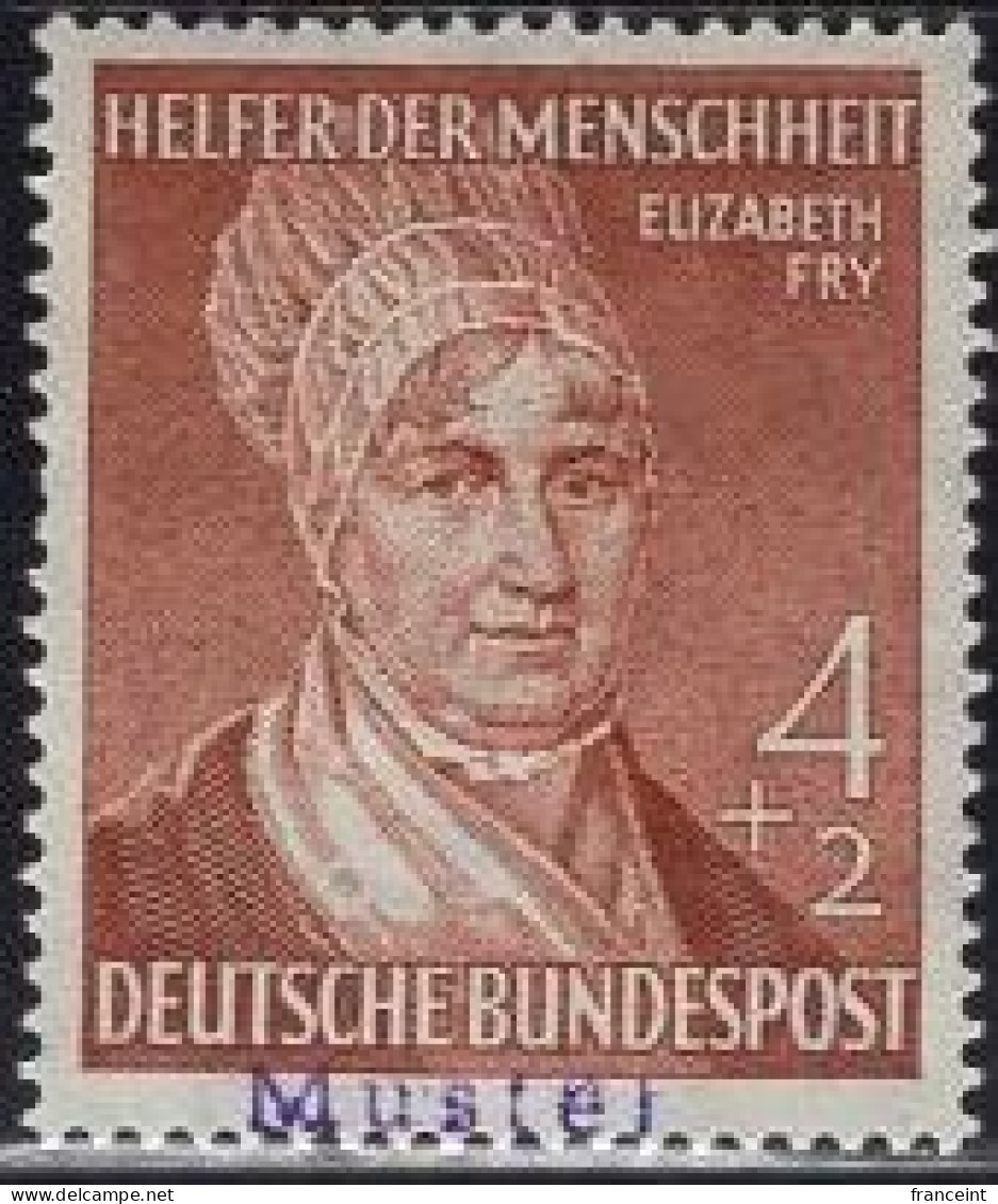 GERMANY(1953) Elizabeth Fry. MUSTER (specimen) Overprint. Social Worker Known As The "Angel Of Prisons." Scott No B327 - Otros & Sin Clasificación