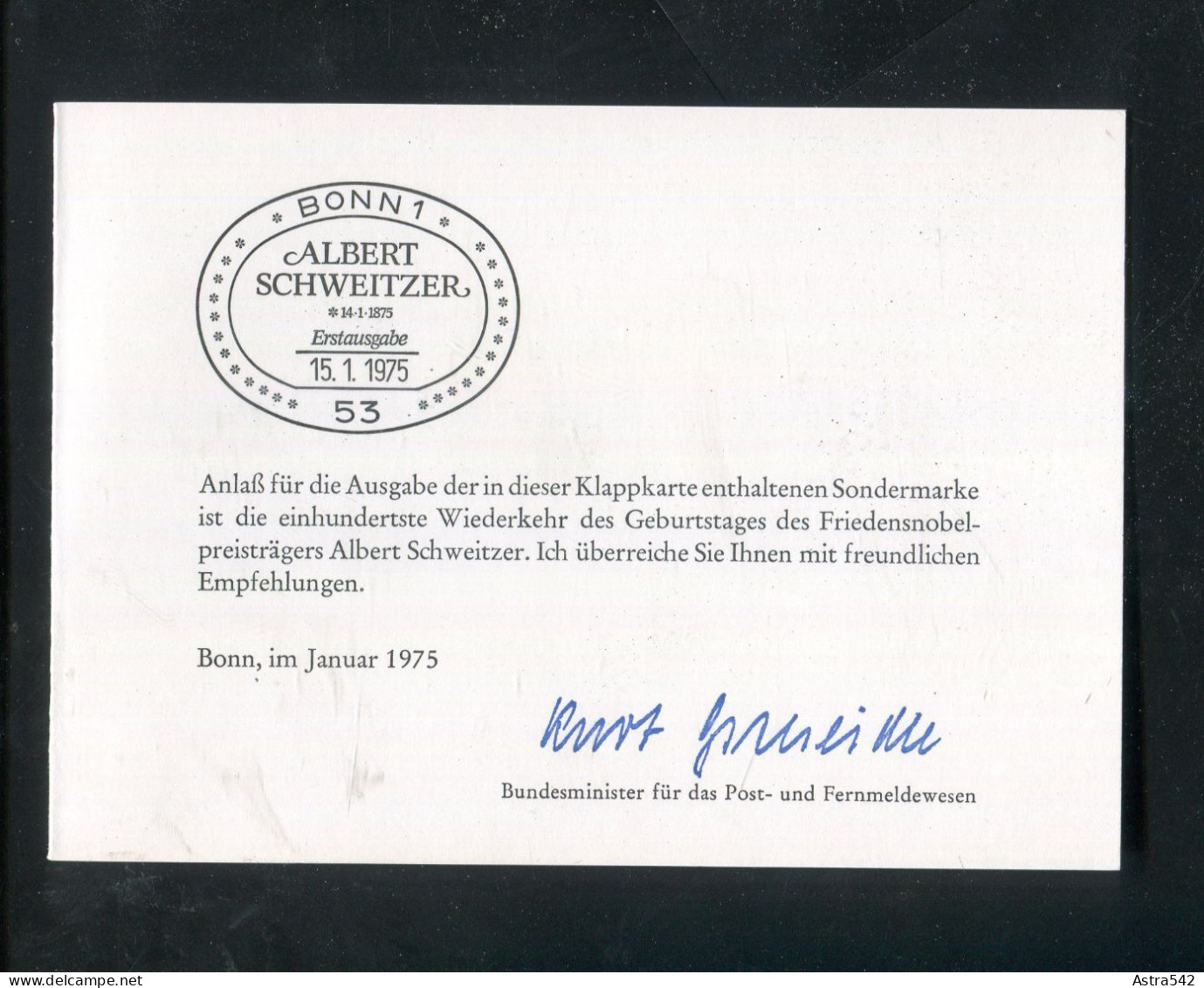 "BUNDESREPUBLIK DEUTSCHLAND" 1975, Minister-Klappkarte Mit Ausgabe "Albert Schweitzer" (A1189) - Briefe U. Dokumente