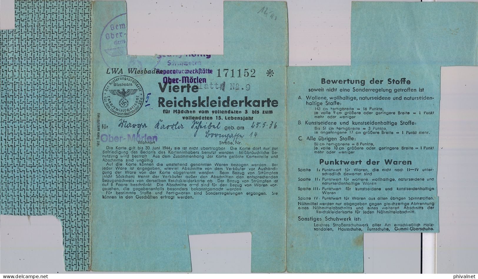 OBER - MÖRLEN DOCUMENTO DEL TERCER REICH / NAZI  , CARTILLA RACIONAMIENTO PARA PRENDAS DE VESTIR - 1939-45