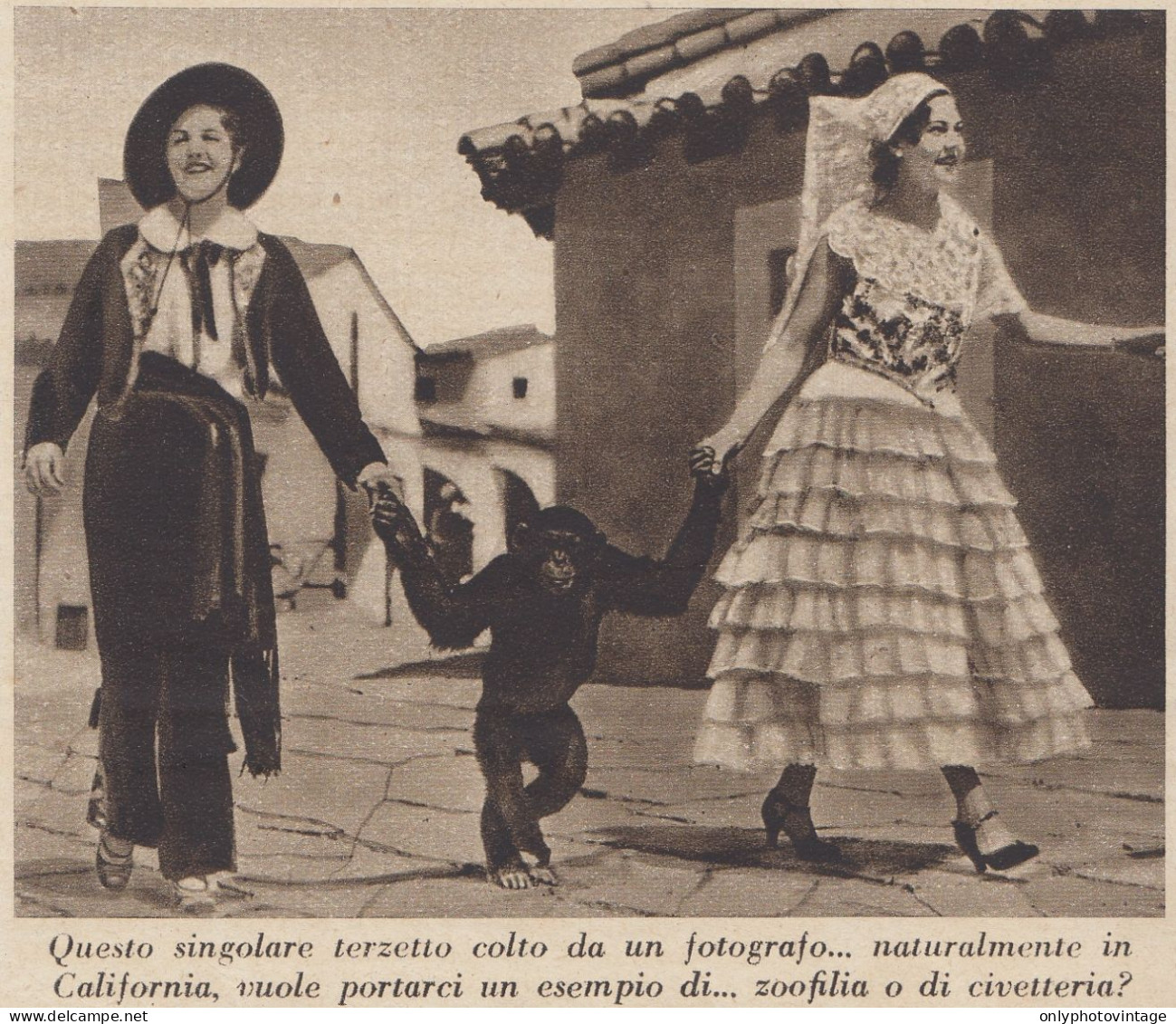 California - Donne In Costume Con Scimmia - 1936 Stampa - Vintage Print - Stiche & Gravuren