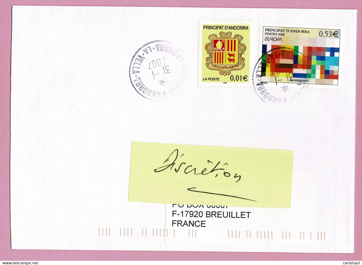ANDORRE ANDORRA  Lettre Au Tarif 0,54€ Composé EUROPA 2006 + Armoiries Andorra La Vella 31-1-2007  + Indexations - Unused Stamps