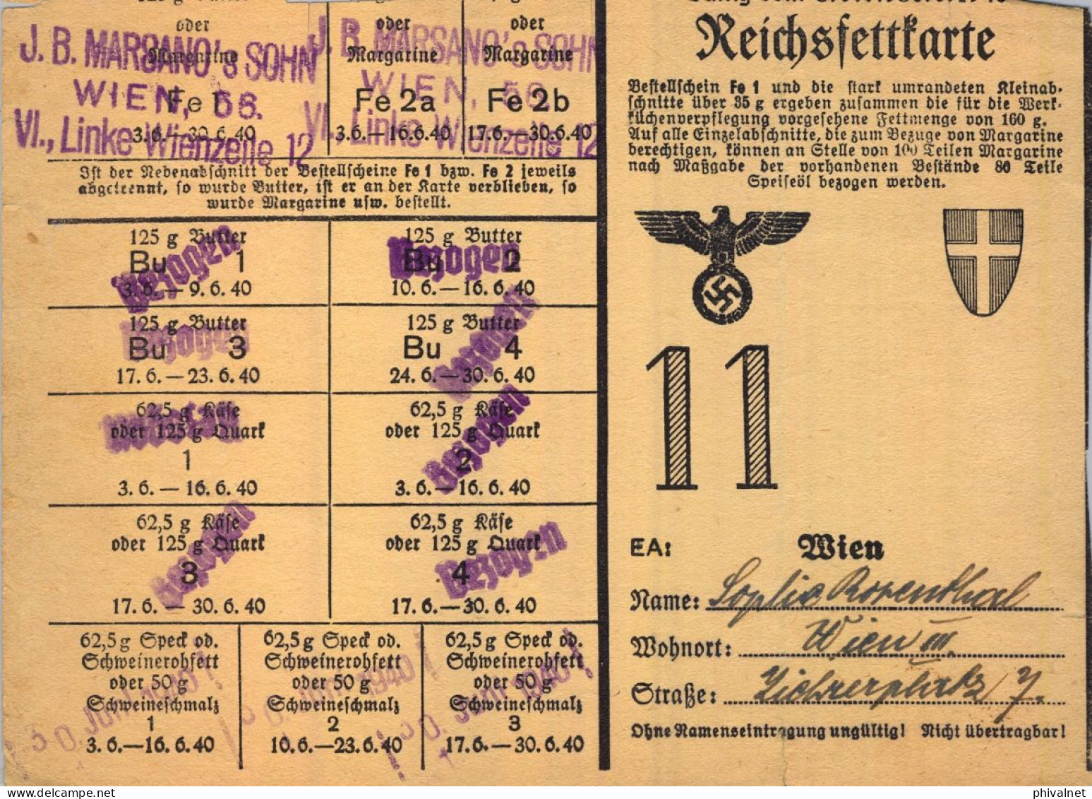 WIEN , VIENA ,  DOCUMENTO DEL TERCER REICH / NAZI  , CARTILLA RACIONAMIENTO PARA MARGARINA - 1939-45