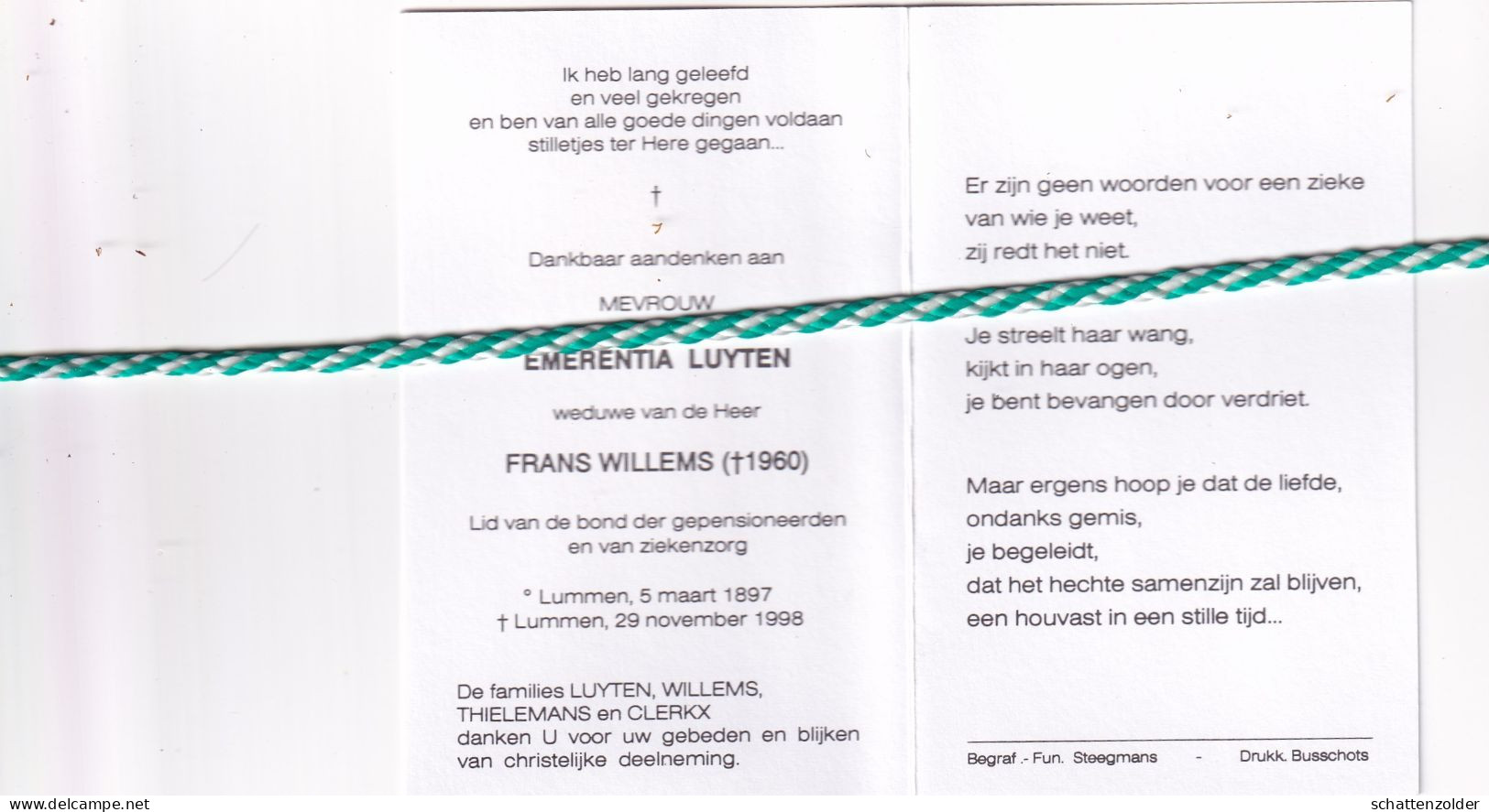 Emerentia Luyten-Willems, Lummen 1897, 1998. Honderdjarige - Esquela