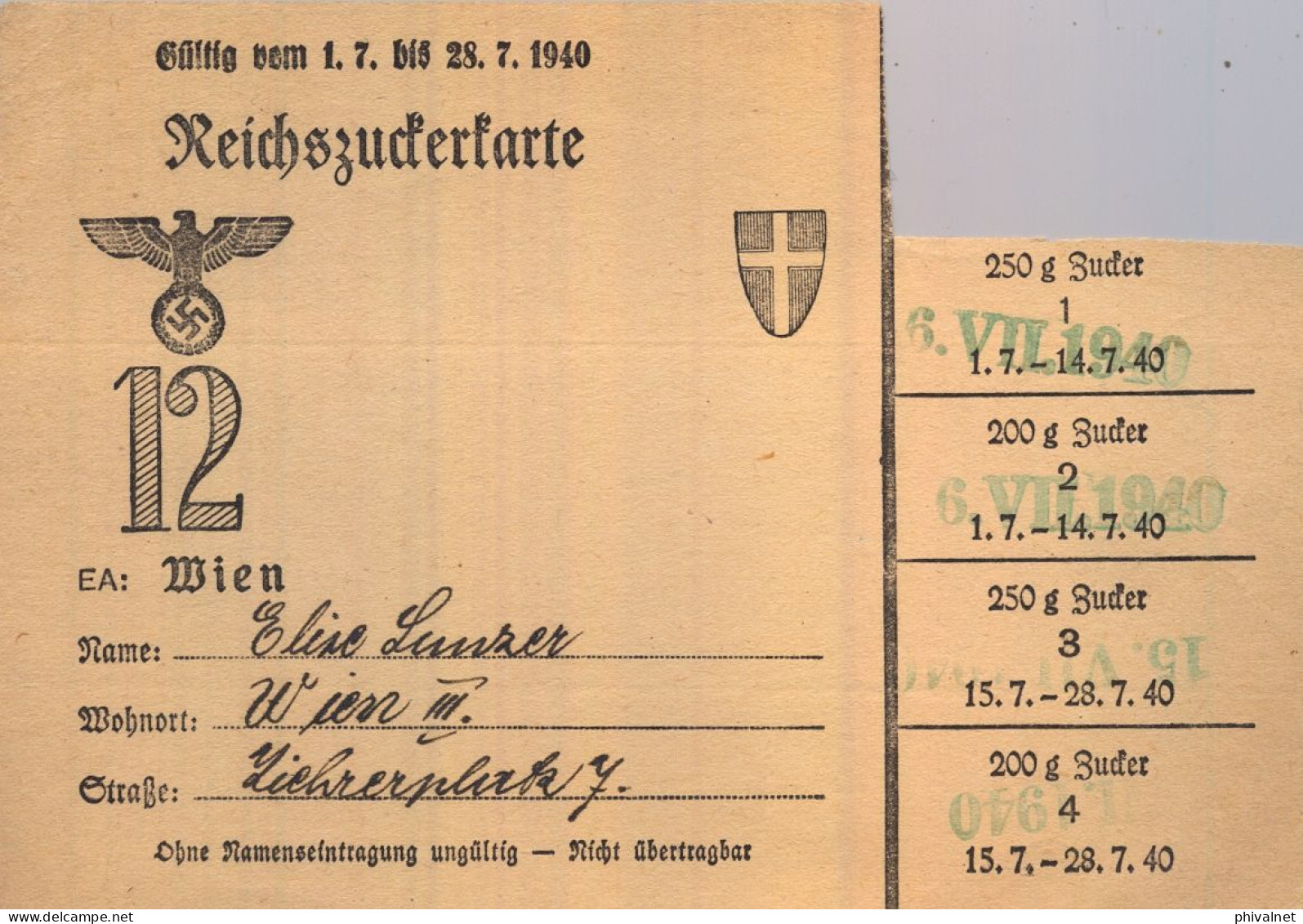 1940 WIEN , VIENA ,  DOCUMENTO DEL TERCER REICH / NAZI  , CARTILLA RACIONAMIENTO PARA AZÚCAR , SUGAR , ZUCKERKARTE - 1939-45