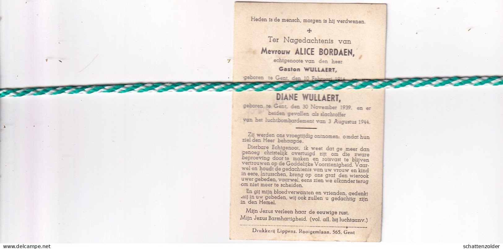 Alice Bordaen (Gent,1914) En Diane Wullaert (Gent,1939), Slachtoffer Luchtbombardement Op Gent Augustus 1944. Foto WW2 - Décès
