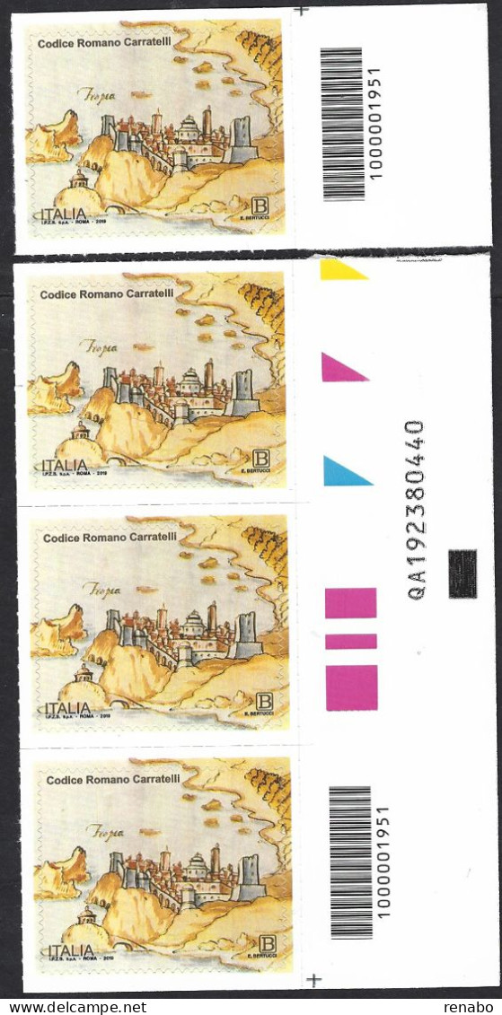Italia 2019; Codice Romano Carratelli: 2 Barre Opposte + Coppia Con Alfanumerico; Terzina Unita. - Barcodes