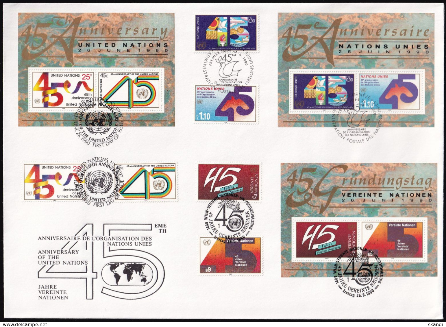 UNO NEW YORK - WIEN - GENF 1990 TRIO-FDC 45 Jahre Vereinte Nationen - New York/Geneva/Vienna Joint Issues