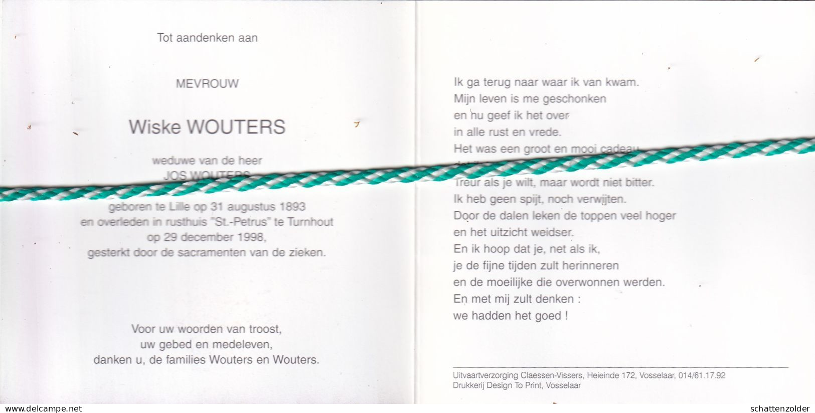 Wiske Wouters, Lille 1893, Turnhout 1998. Honderdjarige. Foto - Todesanzeige