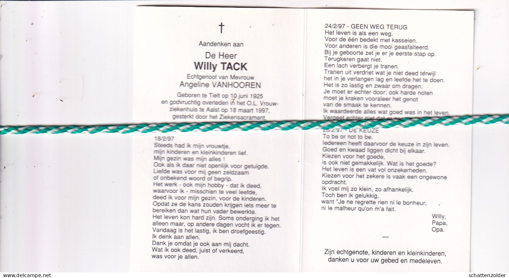 Willy Tack-Vanhooren, Tielt 1925, Aalst 1997. Foto - Obituary Notices