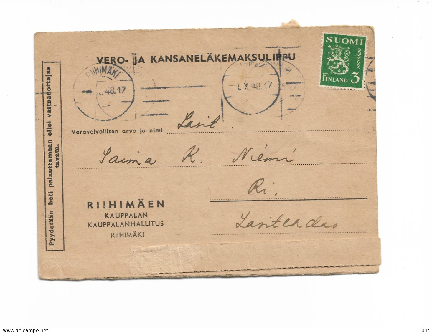 Tax & National Pension Payment Ticket 1948 Posted In Riihimäki Finland - Brieven En Documenten