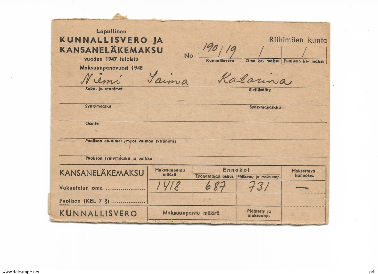 Tax & National Pension Payment Ticket 1948 Posted In Riihimäki Finland - Brieven En Documenten