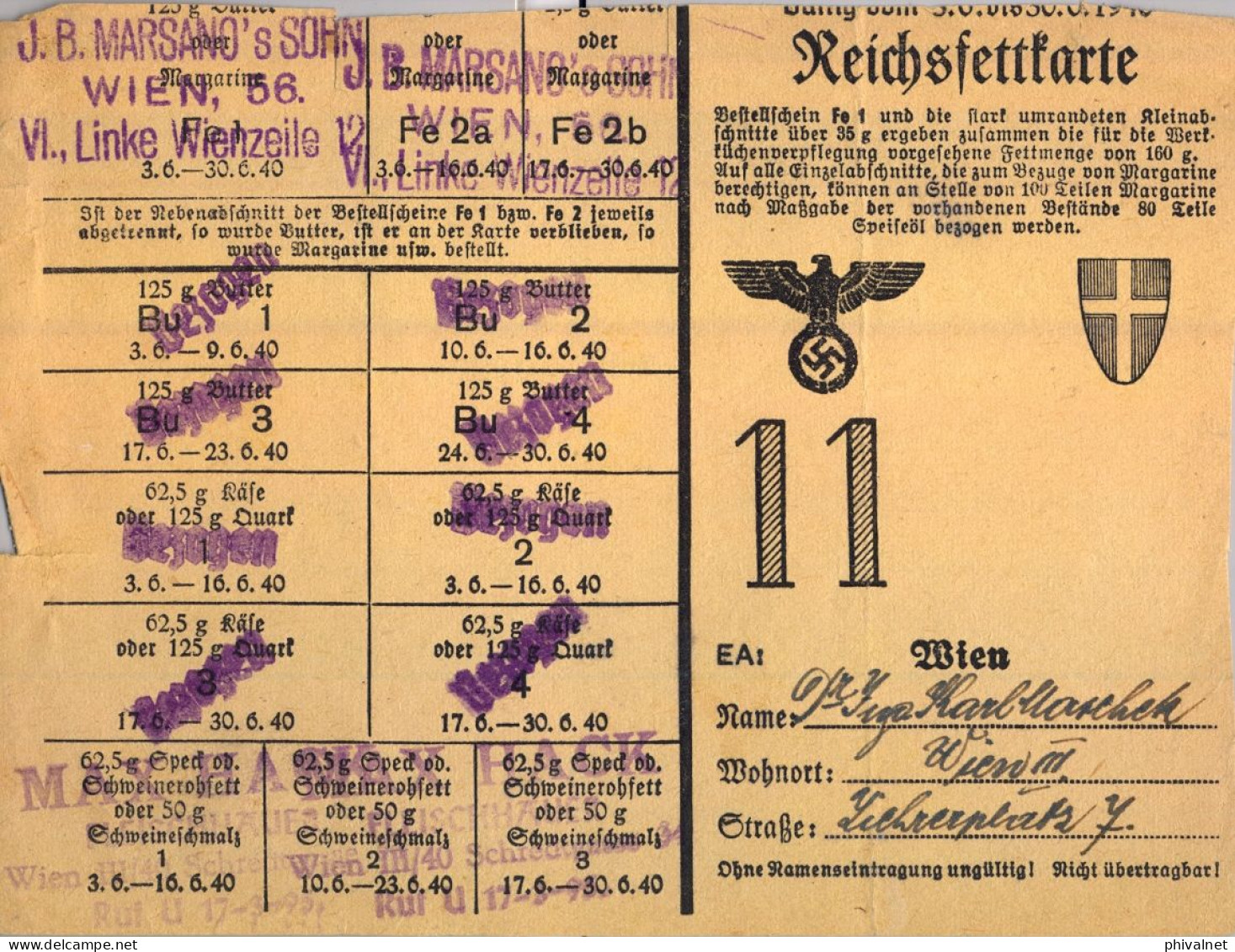 VIENA , WIEN , DOCUMENTO DEL TERCER REICH / NAZI  , CARTILLA RACIONAMIENTO PARA  MARGARINA - 1939-45