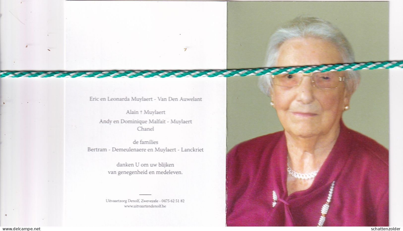 Alida Bertram-Muylaert, Koolskamp 1914, Zwevezele 2015. Honderdjarige. Foto - Esquela