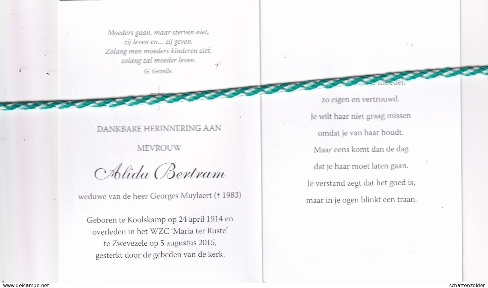 Alida Bertram-Muylaert, Koolskamp 1914, Zwevezele 2015. Honderdjarige. Foto - Esquela