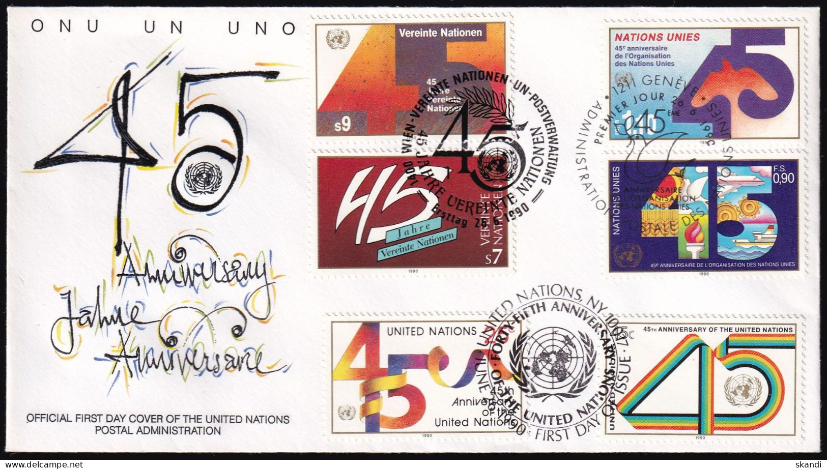 UNO NEW YORK - WIEN - GENF 1990 TRIO-FDC 45 Jahre Vereinte Nationen - Gezamelijke Uitgaven New York/Genève/Wenen