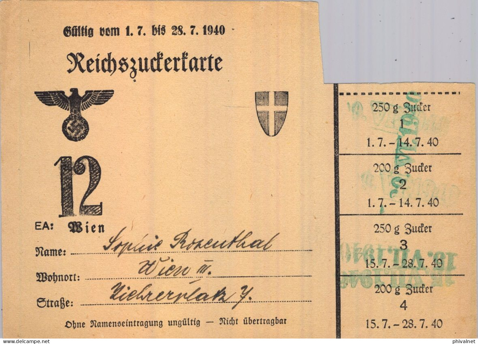 1940 VIENA , WIEN , DOCUMENTO DEL TERCER REICH / NAZI  , CARTILLA RACIONAMIENTO PARA  AZÚCAR , SUGAR - 1939-45