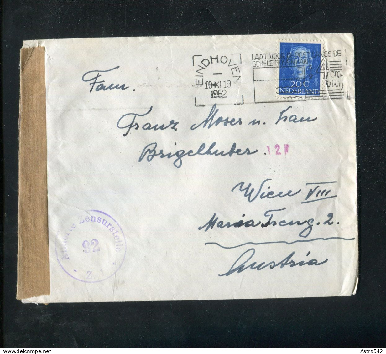 "NIEDERLANDE" 1952, Brief Mit "ZENSUR" (Alliierte Zensurstelle) Ex Eindhoven Nach Wien (A1198) - Storia Postale