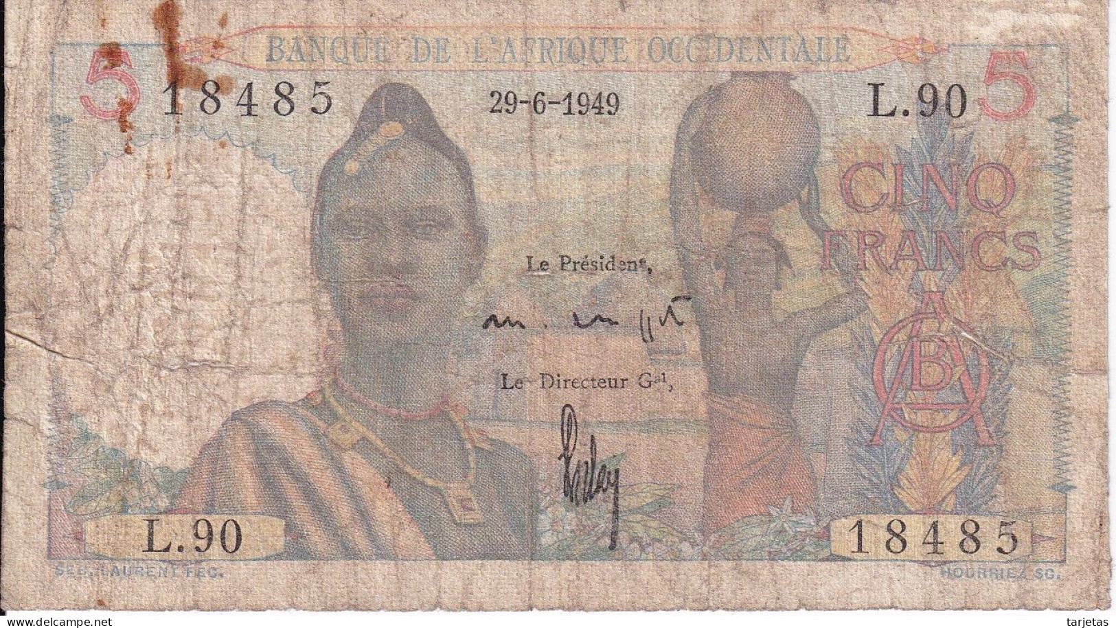 BILLETE DE AFRIQUE OCCIDENTALE DE 5 FRANCS DEL AÑO 1949 (BANKNOTE) - West-Afrikaanse Staten