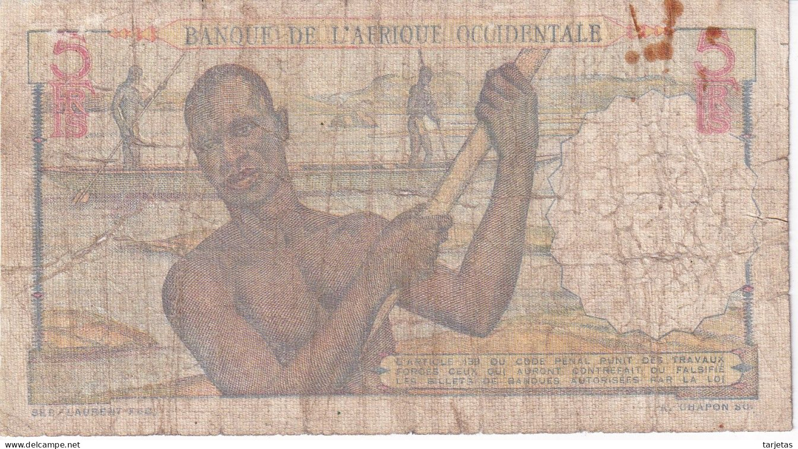 BILLETE DE AFRIQUE OCCIDENTALE DE 5 FRANCS DEL AÑO 1949 (BANKNOTE) - Westafrikanischer Staaten