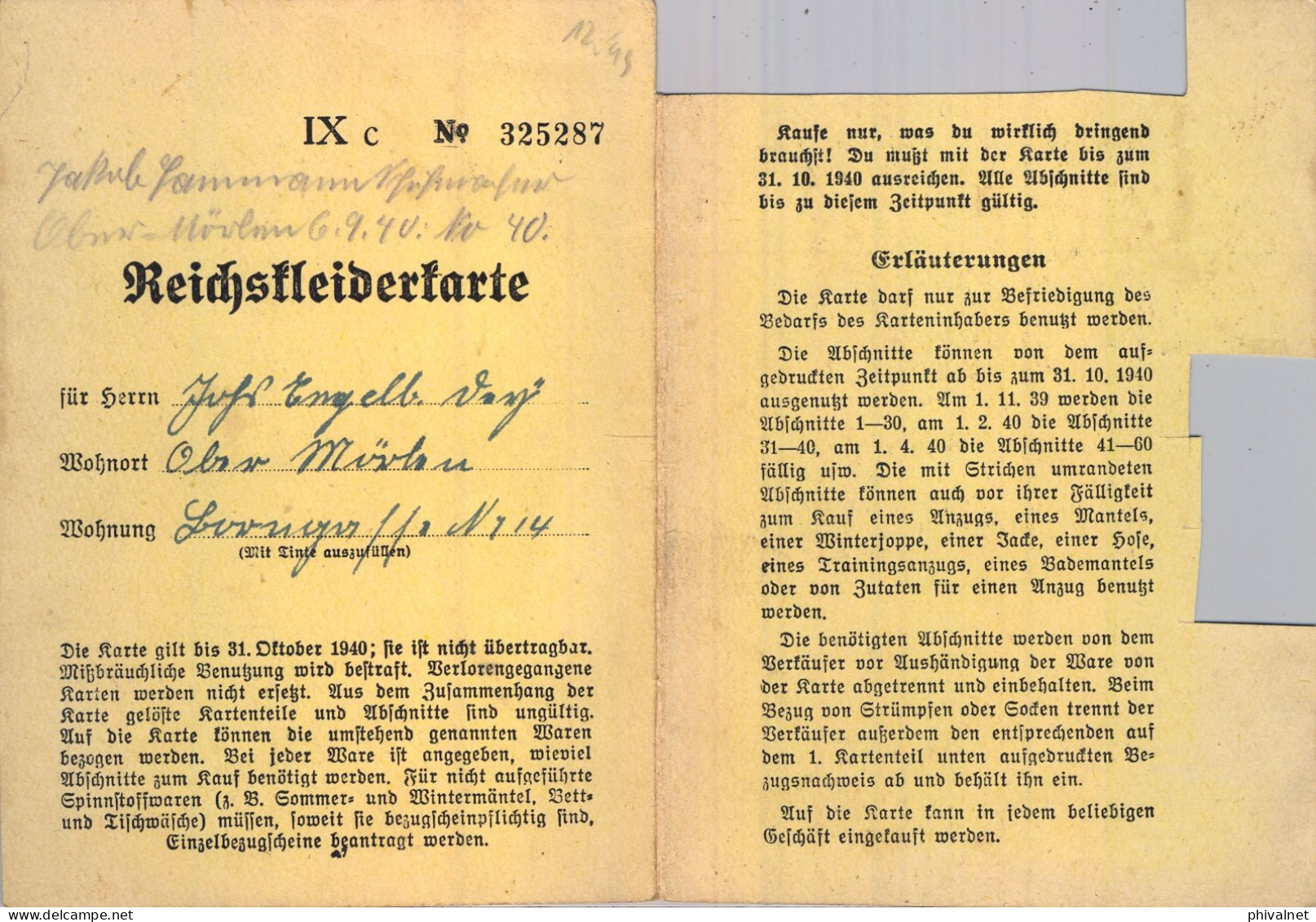 1940 OBER - MÖRLEN , DOCUMENTO DEL TERCER REICH / NAZI  , CARTILLA RACIONAMIENTO PARA PRENDAS DE VESTIR , ROPA , CLOTHES - 1939-45