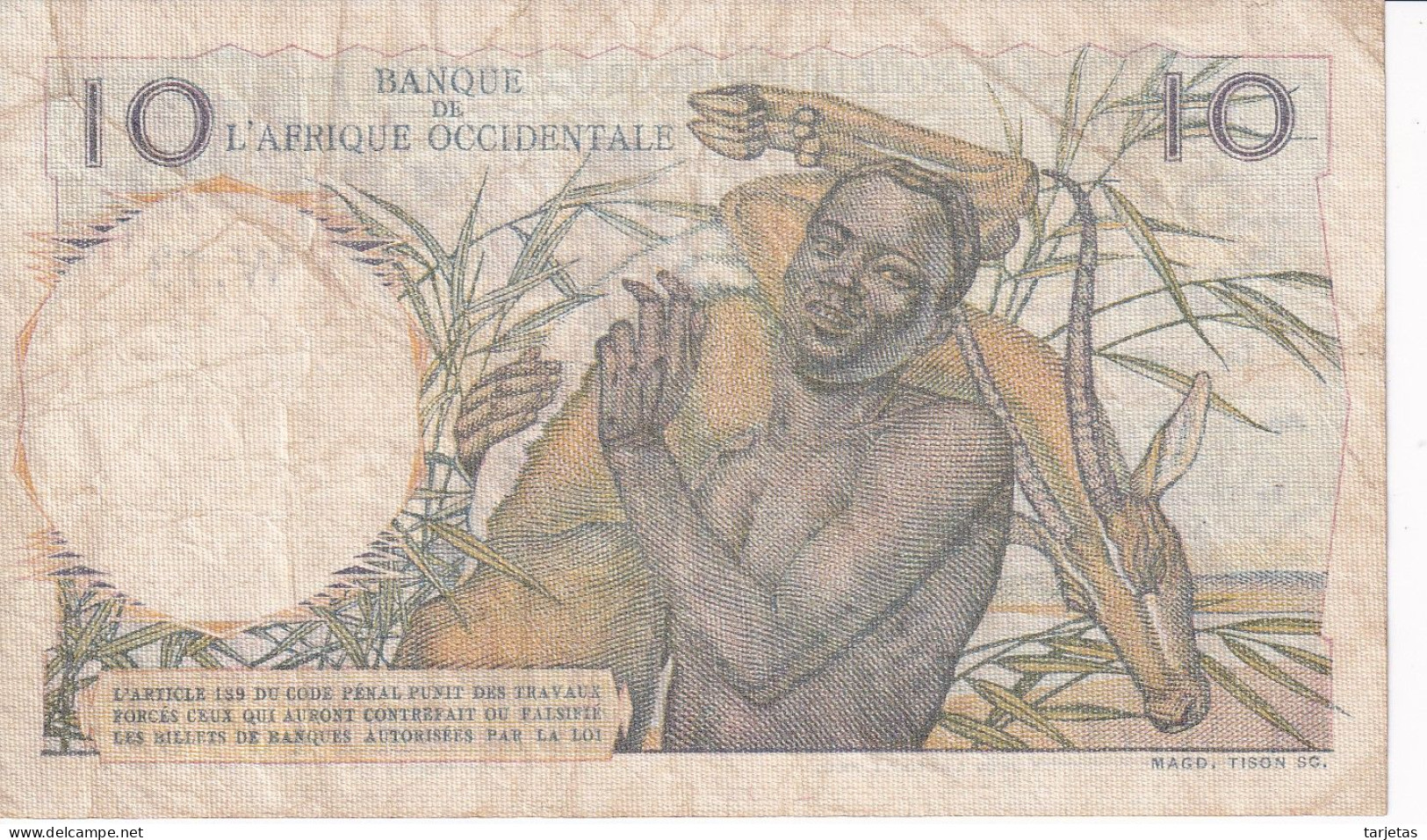 BILLETE DE AFRIQUE OCCIDENTALE DE 10 FRANCS DEL AÑO 1949 (BANKNOTE) - Westafrikanischer Staaten