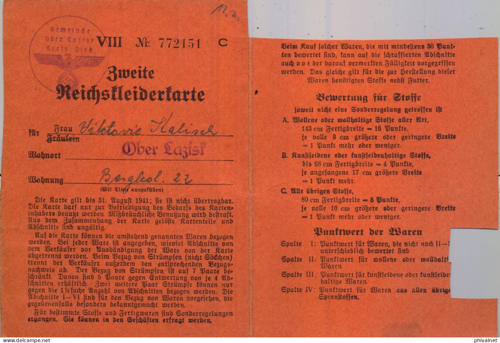OBER LAZISK , DOCUMENTO DEL TERCER REICH / NAZI  , CARTILLA RACIONAMIENTO PARA PRENDAS DE VESTIR , ROPA , CLOTHES - 1939-45