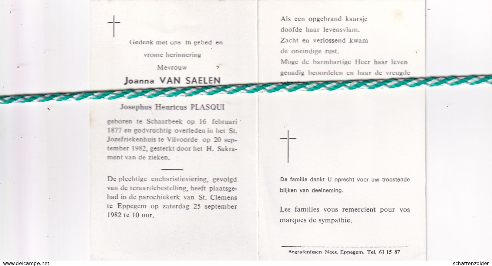 Joanna Van Saelen-Plasqui, Schaarbeek 1877, Vilvoorde 1982. Honderdjarige - Obituary Notices